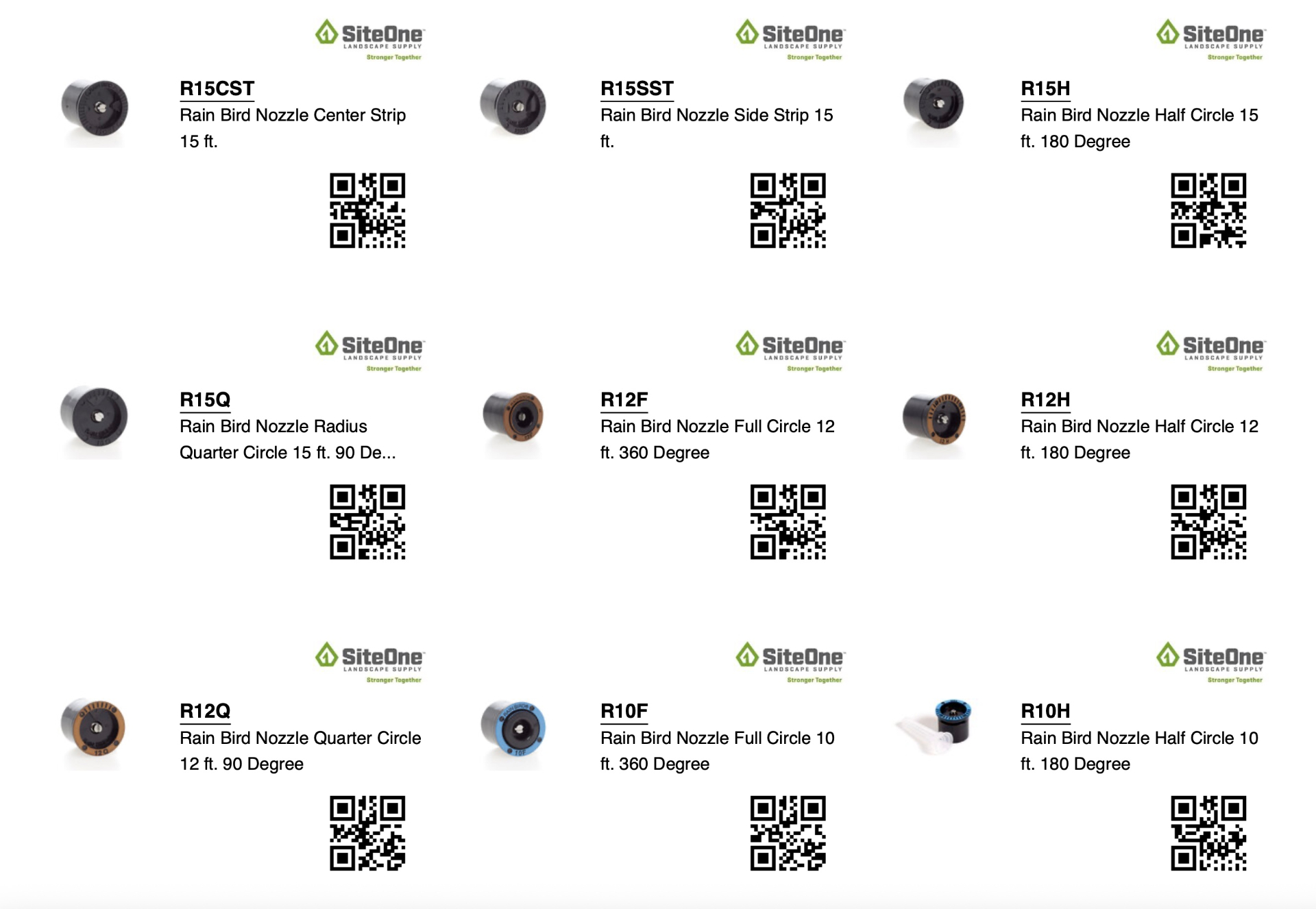 SiteOne consignment inventory sheet with QR codes for Rain Bird nozzles, ready to scan with TerraTrack